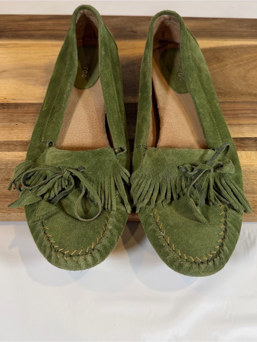 Me Too Woman’s Suede Fringe Moccasin Loafers - Olive Green Sz 10